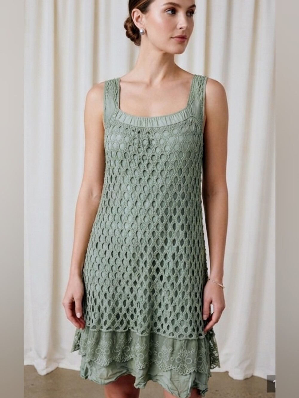 Made in Italy Sage Green Crochet Open Knit Floral Lace Dress Size Large L